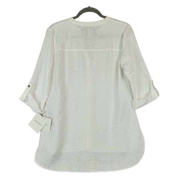 Ellen Tracy White Linen Shirt Size M Buttoned Tunic Top Roll Cuffed Sleeves NWT - Picture 2 of 11